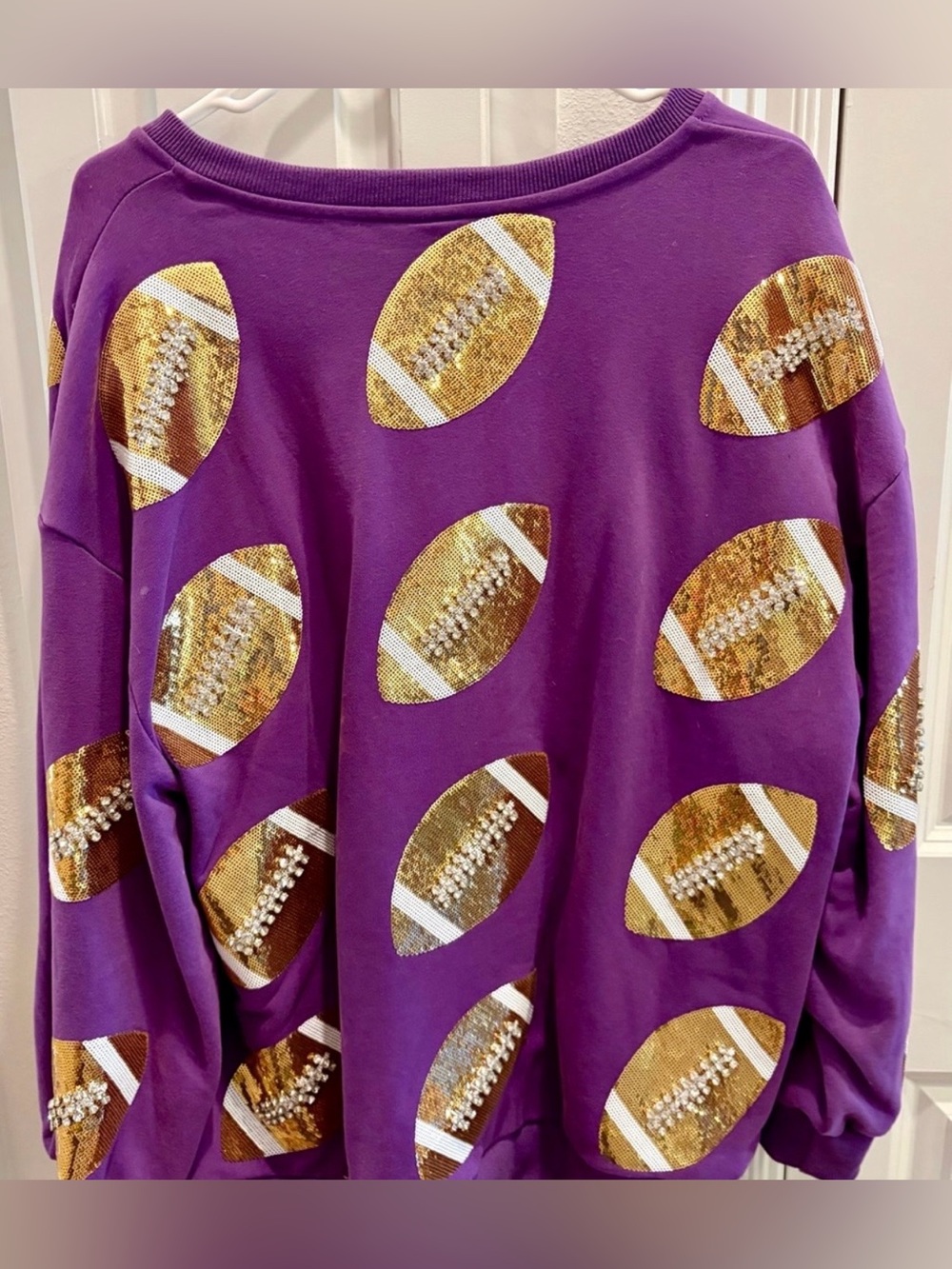 EUC!! QUEEN OF SPARKLES Sweatshirt with Gold Sequin & Crystal Footballs π - Picture 3 of 5